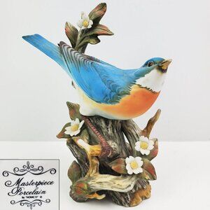 HOMCO Masterpiece Porcelain Bluebird Vintage 1984 Figurine 7" Tree Flowers